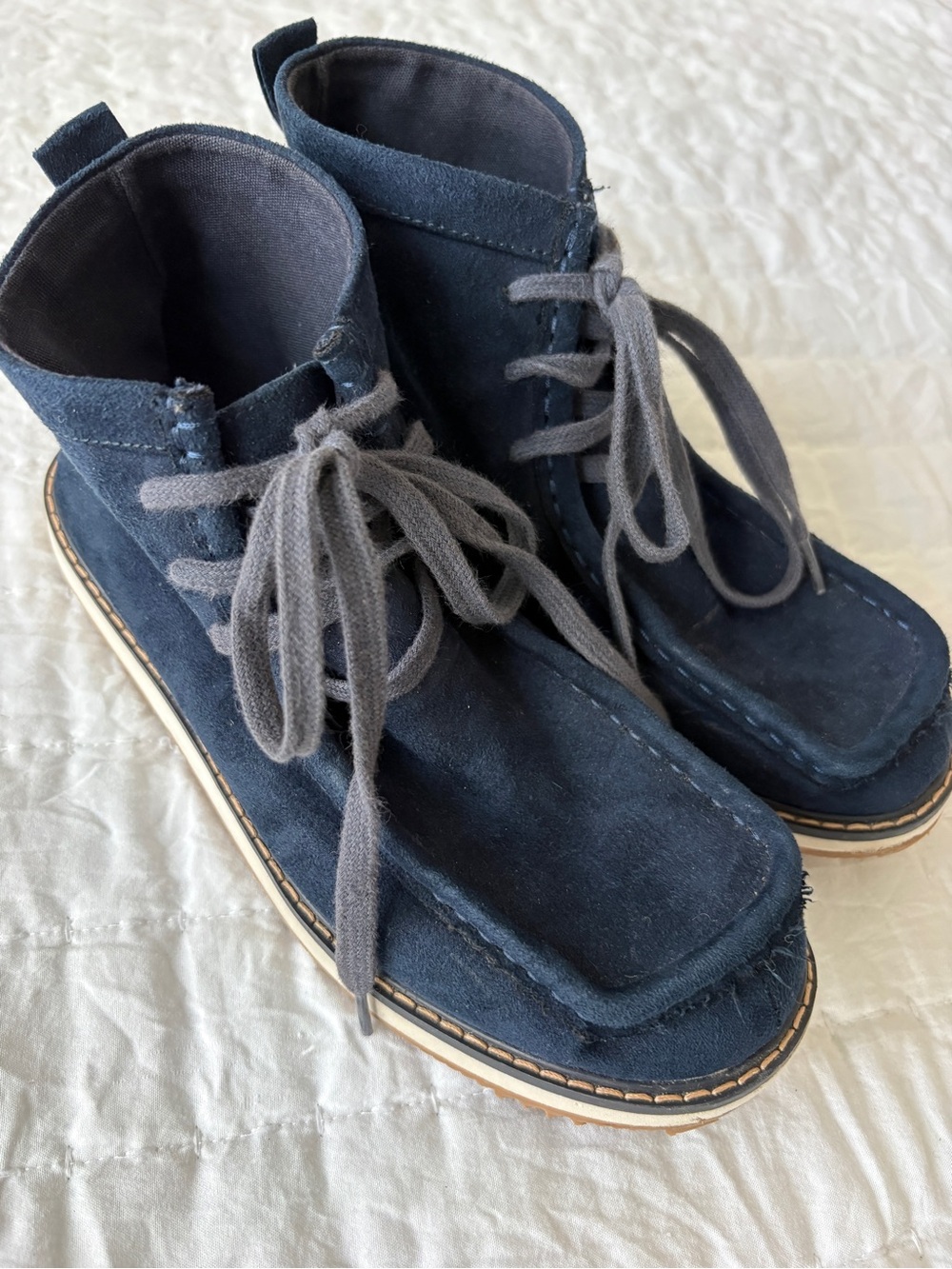 GAP Navy Suede Kids Lace-Up Boots with Gray Laces